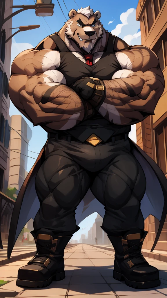 A huge muscular white polar bear, supervillain Bane from Batman, wearing a luchador mask, short white hair, black tight tank top, tight black pants, black wristbands, gloves and army boots, bearded, mustache, white fur, posing for revenge at the top looking over Gotham city, swelling up his body with venom, masterpiece, high detailed, 8k, high resolution