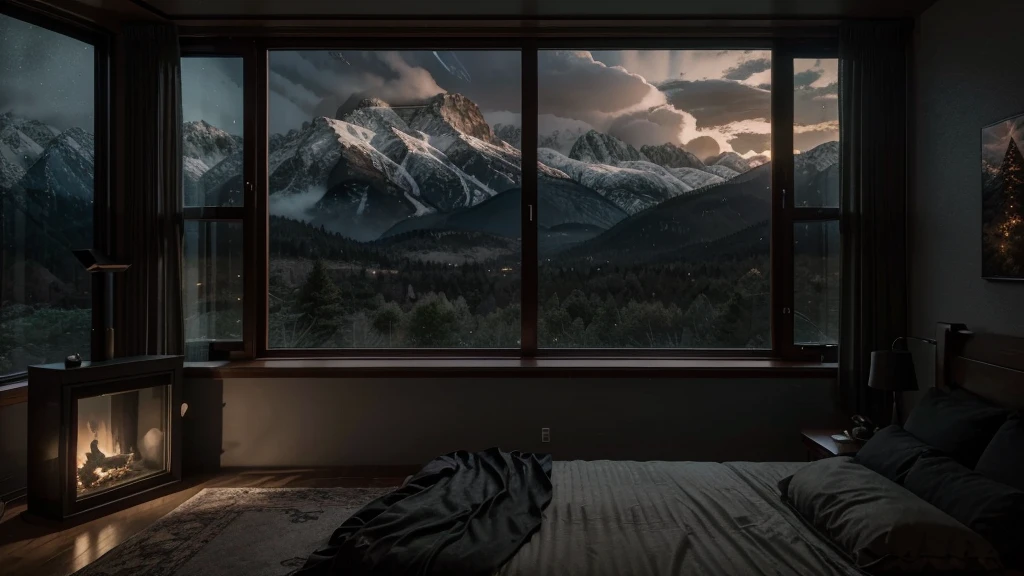 arafed bedroom with a fireplace and a view of the mountains, large windows to forest at night time, dream like atmosphere 8k, dark bedroom, 8 k landscape render, dimly lit bedroom, dreamy atmosphere and drama, inspired by Gregory Crewdson, moody cinematic atmosphere, rendered in unreal engine 4k hq, rendered in unreal engine 4 k hq