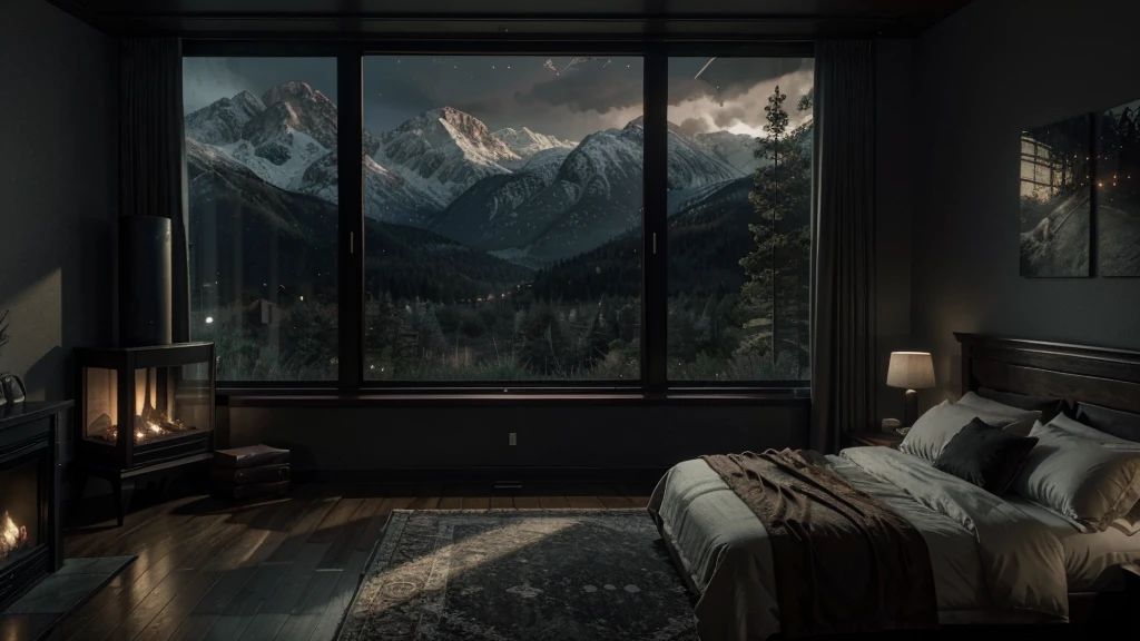 arafed bedroom with a fireplace and a view of the mountains, large windows to forest at night time, dream like atmosphere 8k, dark bedroom, 8 k landscape render, dimly lit bedroom, dreamy atmosphere and drama, inspired by Gregory Crewdson, moody cinematic atmosphere, rendered in unreal engine 4k hq, rendered in unreal engine 4 k hq