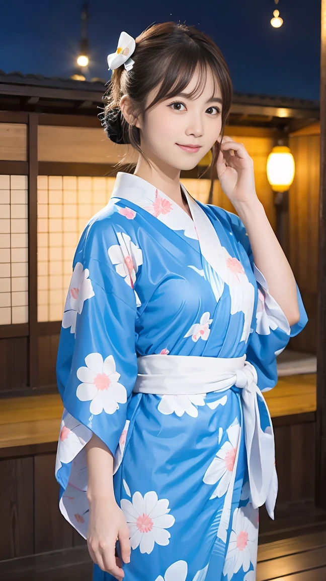 Full Body、Beautiful yukata girl、 The background is a rural night Bon Odori dance、Hello Kitty patterned yukata
