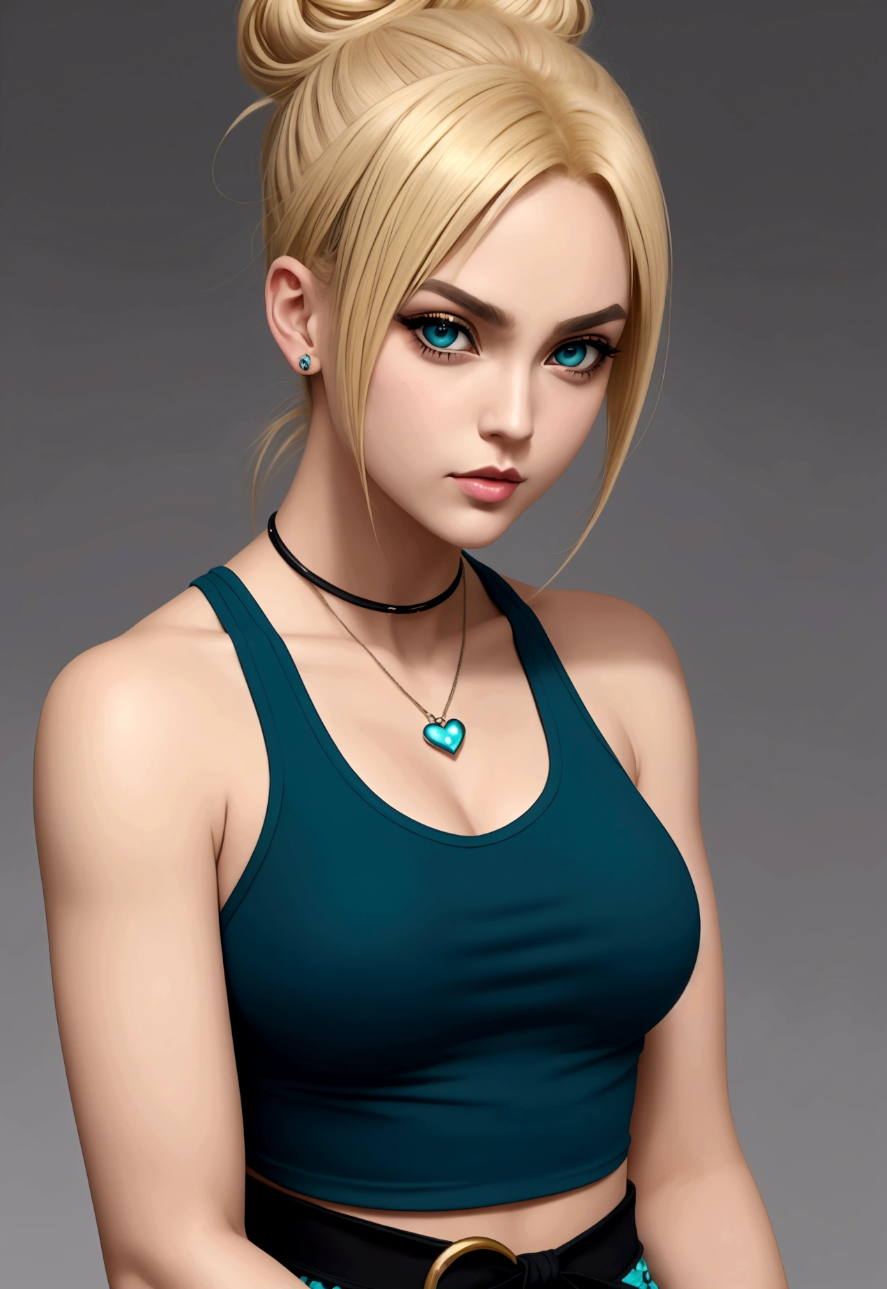 Close-up of a woman wearing a dark teal tank top, There is a light blue heart mark on the chest of the tank top.(important),in Jojo\The Bizarre Adventure of, Jojo anime style, posing as a Jojo character, Jojo bizarre adventure, Jolyne Kujo, Jojo\The Bizarre Adventure of, JojoThe Bizarre Adventure of, JojoThe Bizarre Adventure ofs, Jojo style, High quality artwork,Blonde only bangs,Black hair except for the bangs(important),Tying a bun