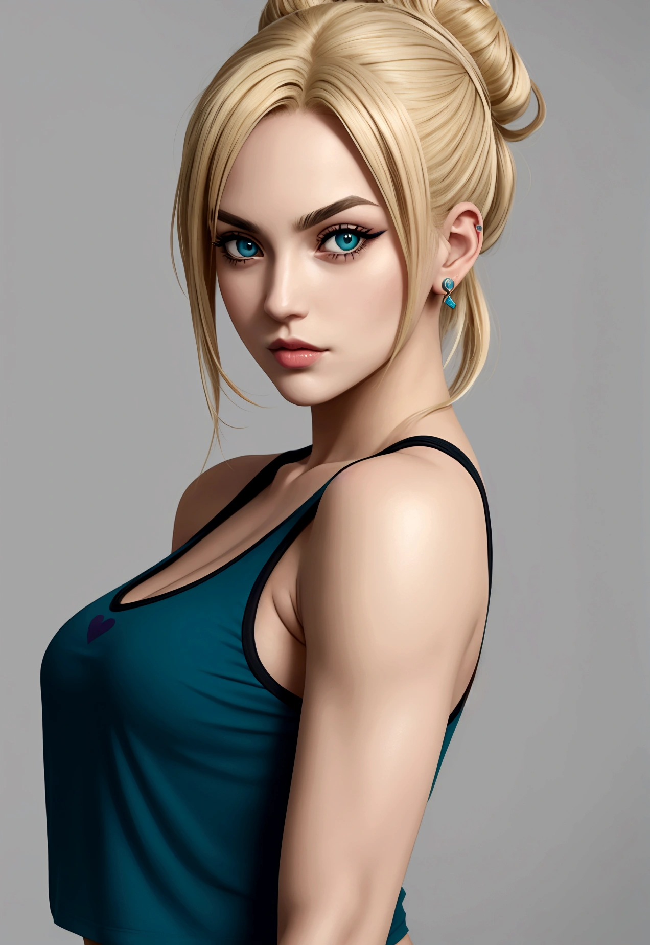 Close-up of a woman wearing a dark teal tank top, There is a light blue heart mark on the chest of the tank top.(important),in Jojo\The Bizarre Adventure of, Jojo anime style, posing as a Jojo character, Jojo bizarre adventure, Jolyne Kujo, Jojo\The Bizarre Adventure of, JojoThe Bizarre Adventure of, JojoThe Bizarre Adventure ofs, Jojo style, High quality artwork,Blonde only bangs,Black hair except for the bangs(important),Tying a bun