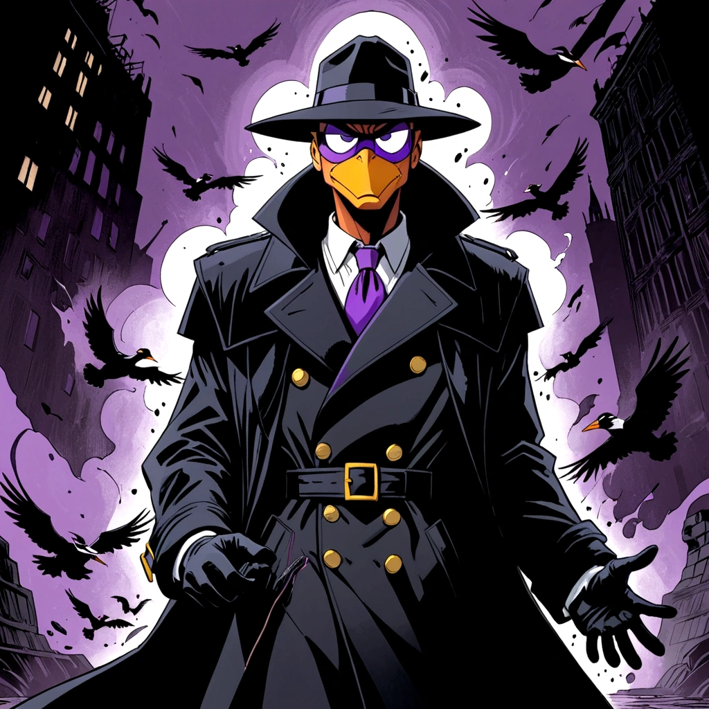 splash page, cinematic, darkwing duck wearing black trenchcoat, abyss black void coat, shades of darkness, no light source, hand drawn, animated, rotoscope, consuming insatiable darkness black trenchcoat