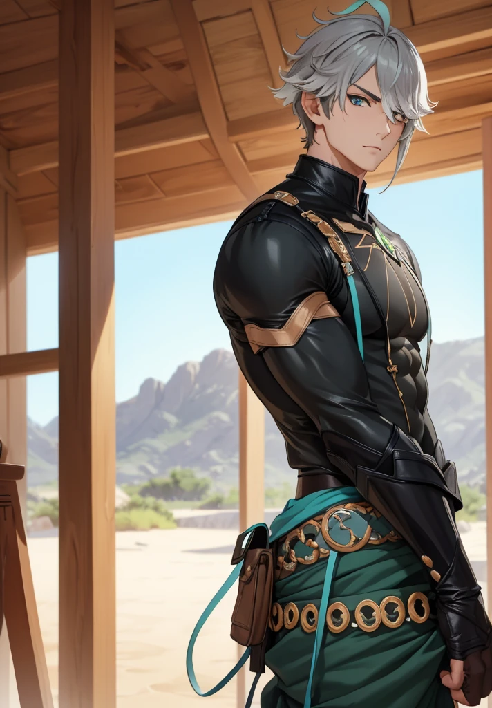 1 child,Alone,male focus,cowboy photo,alhaitham,Grey hair,short hair,Ahoge,green eyes,hair over one eye,shirt,shirt negra,gloves,shirt sin mangas,pants,standing, Pectorals,toned man,looking at the viewer , playa.