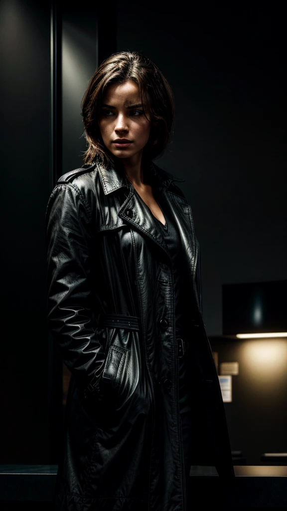 A mysterious person in a black trenchcoat, bank teller counter, bright lighting, confused bank employee, detailed portrait, cinematic lighting, moody atmosphere, dramatic chiaroscuro, photorealistic, 8k, ultra-detailed, dramatic, high contrast, impactful, cinematic, masterpiece, award-winning, professional, dramatic lighting, dramatic shadows, high-end, stunning, vivid colors, hyper-realistic, seamless, flawless, impactful, striking, compelling, captivating