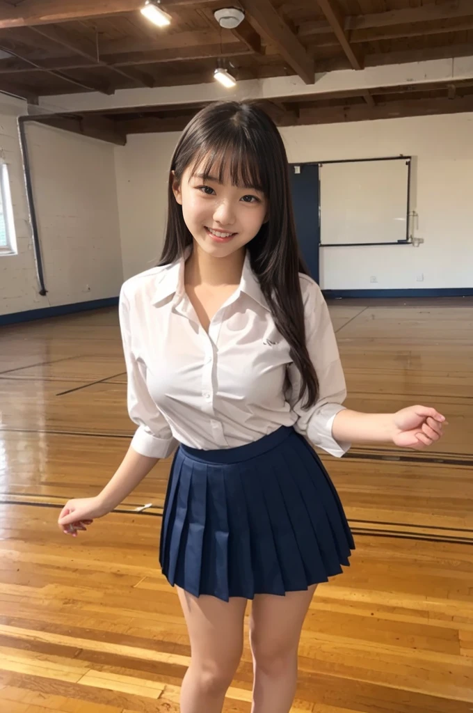 A girl, 18-years old student, cute smile girl, (white collar shirt, oversized collar shirt, white half sleeve shirt), small breasts, (navy blue pleated skirt), in wooden floor school gym, half open mouth, standing, ((thin body, thick thighs)), view from front, barefoot,