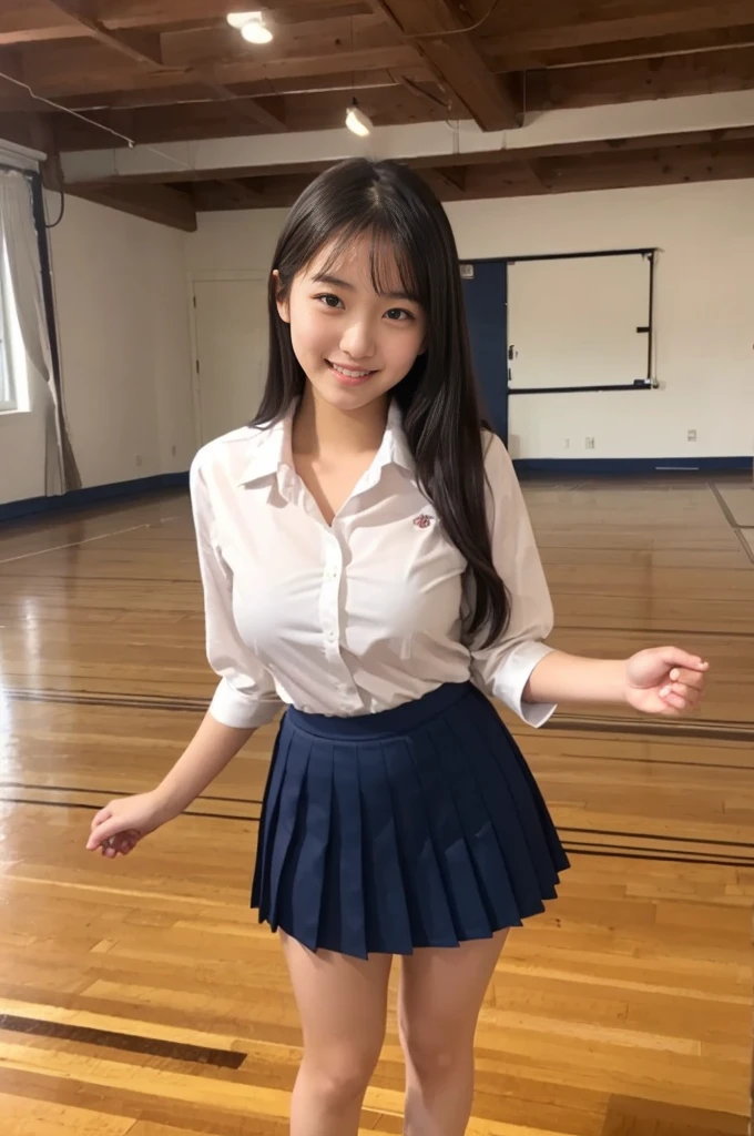 A girl, 18-years old student, cute smile girl, (white collar shirt, oversized collar shirt, white half sleeve shirt), small breasts, (navy blue pleated skirt), in wooden floor school gym, half open mouth, standing, ((thin body, thick thighs)), view from front, barefoot,