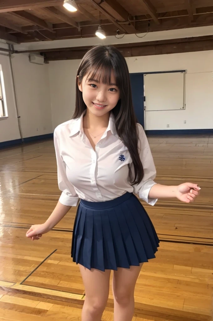 A girl, 18-years old student, cute smile girl, (white collar shirt, oversized collar shirt, white half sleeve shirt), small breasts, (navy blue pleated skirt), in wooden floor school gym, half open mouth, standing, ((thin body, thick thighs)), view from front, barefoot,