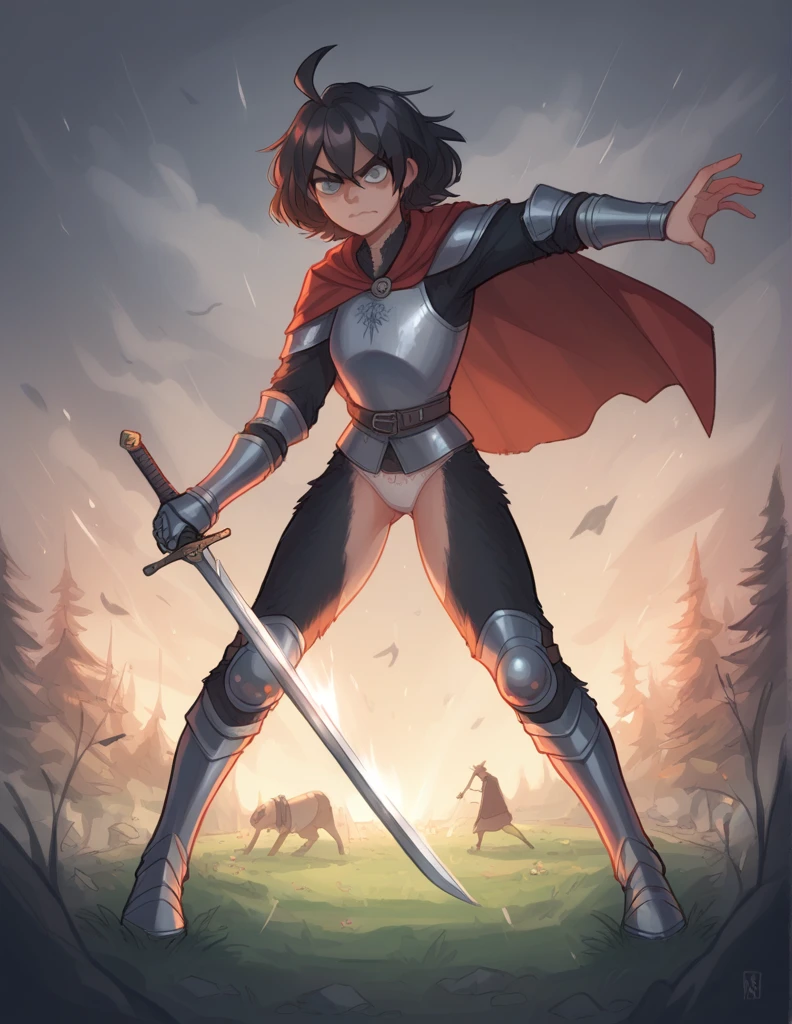 1 girl, alone, black fur, short hair, messy fur, Ahoge, grey eyes, eyes, serious eyes, very nervous, beautiful smile, sweet look, serious look Medieval breas, iron breastplateeval knee pads, iron knee pads, underwear, medieval boots, medieval gloves, red cape,
Medieval shield on the back, sword in hands, piernas exposed, arms, exposed, visible panties, magic,
sosition in the air, attacking with sword, fight with monster, Magic Forest, attacking with the sword, attack position