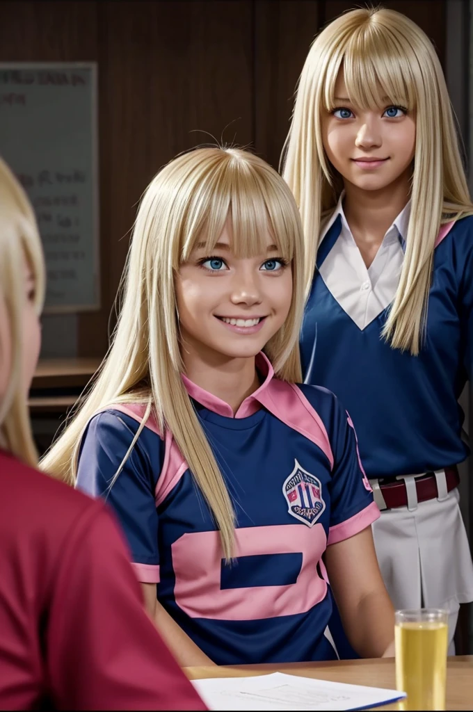Screenshot of my hero academia.
Girl with long blonde straight hair, with bangs.
He has phosphorescent pink eyes and a happy expression.. She is wearing the UA uniform and in the background she has a UA school class and she is sitting at a table. 