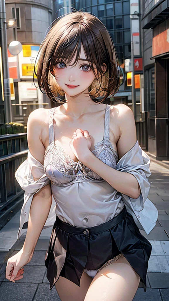 (masterpiece:1.2, top-quality), (realistic, photorealistic:1.4), beautiful illustration, (natural side lighting, movie lighting), nsfw,
looking at viewer, 1 girl, japanese, high school girl, perfect face, cute and symmetrical face, shiny skin,
(short hair:1.5, bob cut:1.6, brown hair), blunt bangs, hair between eyes, grey eyes, drooping eyes, slant eyes, long eye lasher, (),
beautiful hair, beautiful face, beautiful detailed eyes, beautiful clavicle, beautiful body, beautiful chest, beautiful thigh, beautiful legs, beautiful fingers, pulling her shirt down, bra showing more skin,
((, no clothes, panties )), more skin,
(beautiful scenery), evening, (park, cityscape in the distance), walking, (lovely smile, upper eyes),