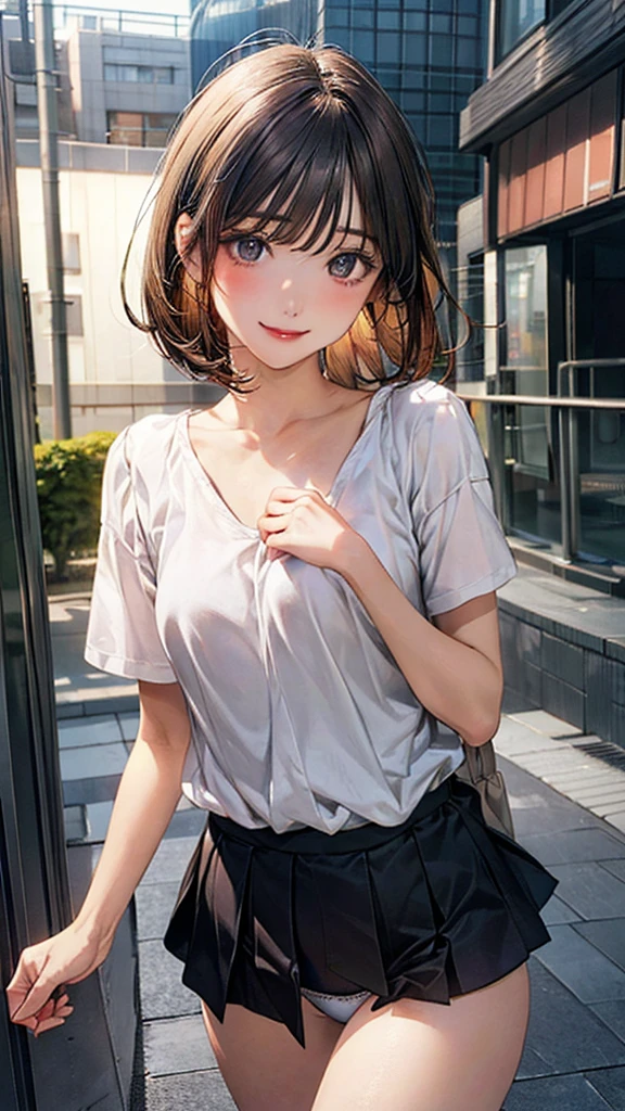(masterpiece:1.2, top-quality), (realistic, photorealistic:1.4), beautiful illustration, (natural side lighting, movie lighting), nsfw,
looking at viewer, 1 girl, japanese, high school girl, perfect face, cute and symmetrical face, shiny skin,
(short hair:1.5, bob cut:1.6, brown hair), blunt bangs, hair between eyes, grey eyes, drooping eyes, slant eyes, long eye lasher, (),
beautiful hair, beautiful face, beautiful detailed eyes, beautiful clavicle, beautiful body, beautiful chest, beautiful thigh, beautiful legs, beautiful fingers, pulling her shirt down, bra showing more skin,
((, no clothes, panties )), more skin,
(beautiful scenery), evening, (park, cityscape in the distance), walking, (lovely smile, upper eyes),