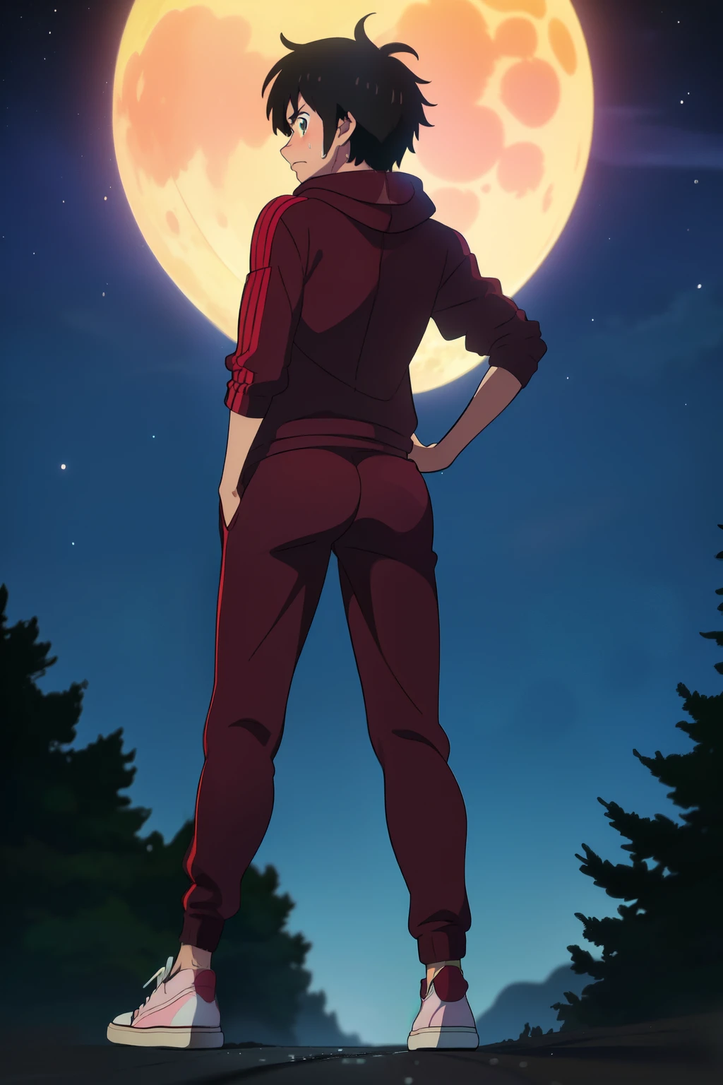 (((Ultra-Detailed, Best Quality, Ultra-Realistic, High Quality))), (((Atsushi Ohkubo Art Style))), (Standing, Bent Forward, Hands On Hips, Hand On Thighs), (Ass View, Back View, Behind View, Booty View, Butt View, Calf Close-Up, Full Body, View From Below Looking Up At The Rear,) (Alone), (Single), (Solo), ((Male)), ((1 Boy)), (Single Boy), ((Young Boy)), ((age Boy)), ((Teen)), ((15 Yearsgh School Boy)), (Tracksuit Boy), ((Slender Body, Skinny Body, Tan Skin Color)), (Petite Butt), (Bubble Butt), (Sexy Butt), ((Short Hair, Messy Hair, Brown Hair)), ((Green Eyes, Almond Shaped Eyes, Anime Eyes)), ((Detailed Face, Blushing)), (He Looks Annoyed And Concerned At What's Going On), ((Loose-Fitting Burgundy Tracksuit Sweatpants, Burgundy Hoodie, Black Converse Sneakers)), [Background; (Dark Forest), (Foggy), (Full Moon), (Night Sky), (Scary Ambient Lighting)]