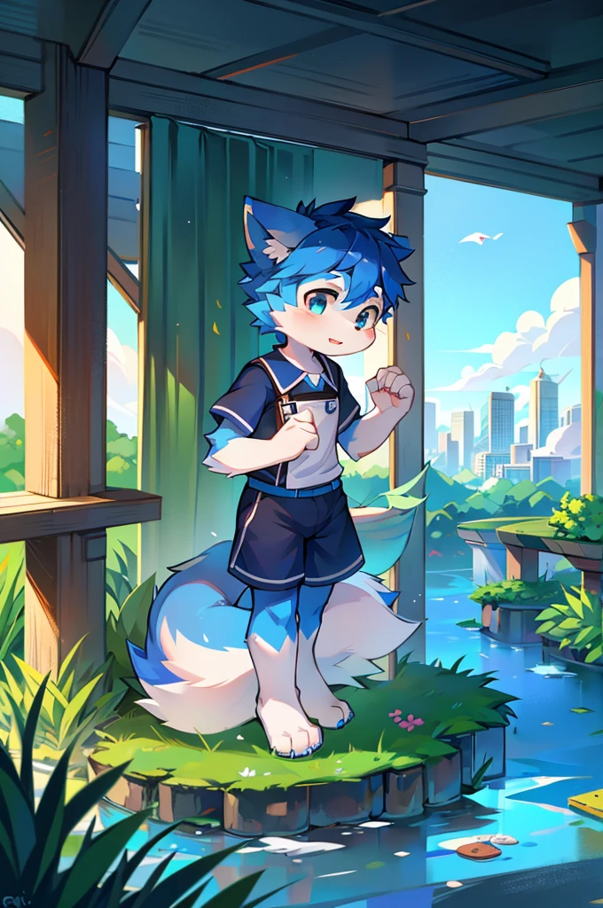 Blue fur, Canine, fox motif, boy, uniform,expensive,One person,Stand up on your own feet,expensive,Cityscape,expensive,,Rural Scenery,Rice field scenery,No hair,