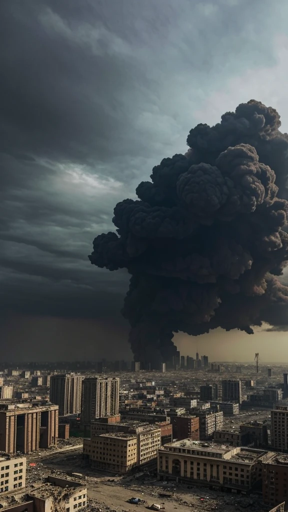 a photo of a city view that is usually bustling with activity, but now looks desolate and in ruins. Tall buildings were seen cracked and collapsed in several parts, with piles of rubble and rubble in the streets. In the sky, scattered clouds of black smoke covered the sun, creating a gloomy and depressing atmosphere."