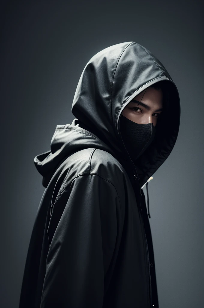 Person with coat and a hood, wearing a mask pointing a knife on a dark background