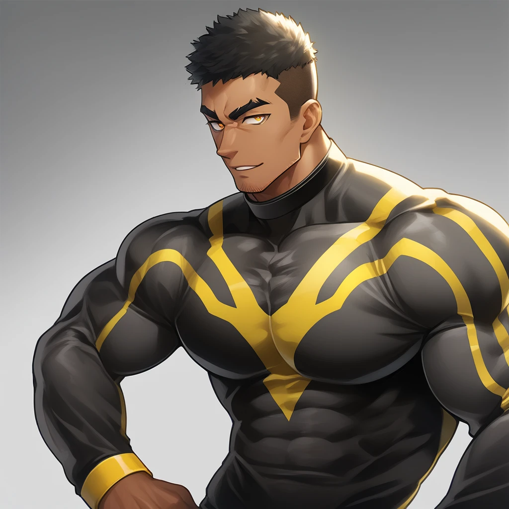 anime characters:Tights superhero, Muscle Sports Student, negro black skin, 1 dark skin muscular tough guy, Manliness, male focus, Yellow and black striped high collar long sleeve tight T-shirt, Slightly transparent material, Very tight, Round, full and perky chest muscles, Slightly transparent, muscular male, muscular, only, Upper body, alone, Black short hair, Thick eyebrows, stubble, Yellow eyes, Grey background, simple background, amazing quality, best aesthetics, Ridiculous, bright pupils, crew cut, parted lips, seductive smile, torogao, naughty face, drop shadow, best quality