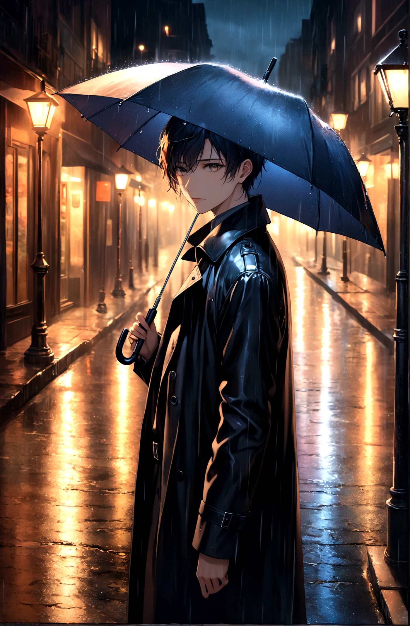 A lone figure in a black trench coat, leather texture, glossy finish, intricate details, under the night sky, urban street, illuminated by street lamps, raindrops falling, reflection on wet pavement, holding an umbrella, close-up on face, contemplative expression, deep gaze, mysterious atmosphere, high-quality image, artistic effect, HDR lighting.