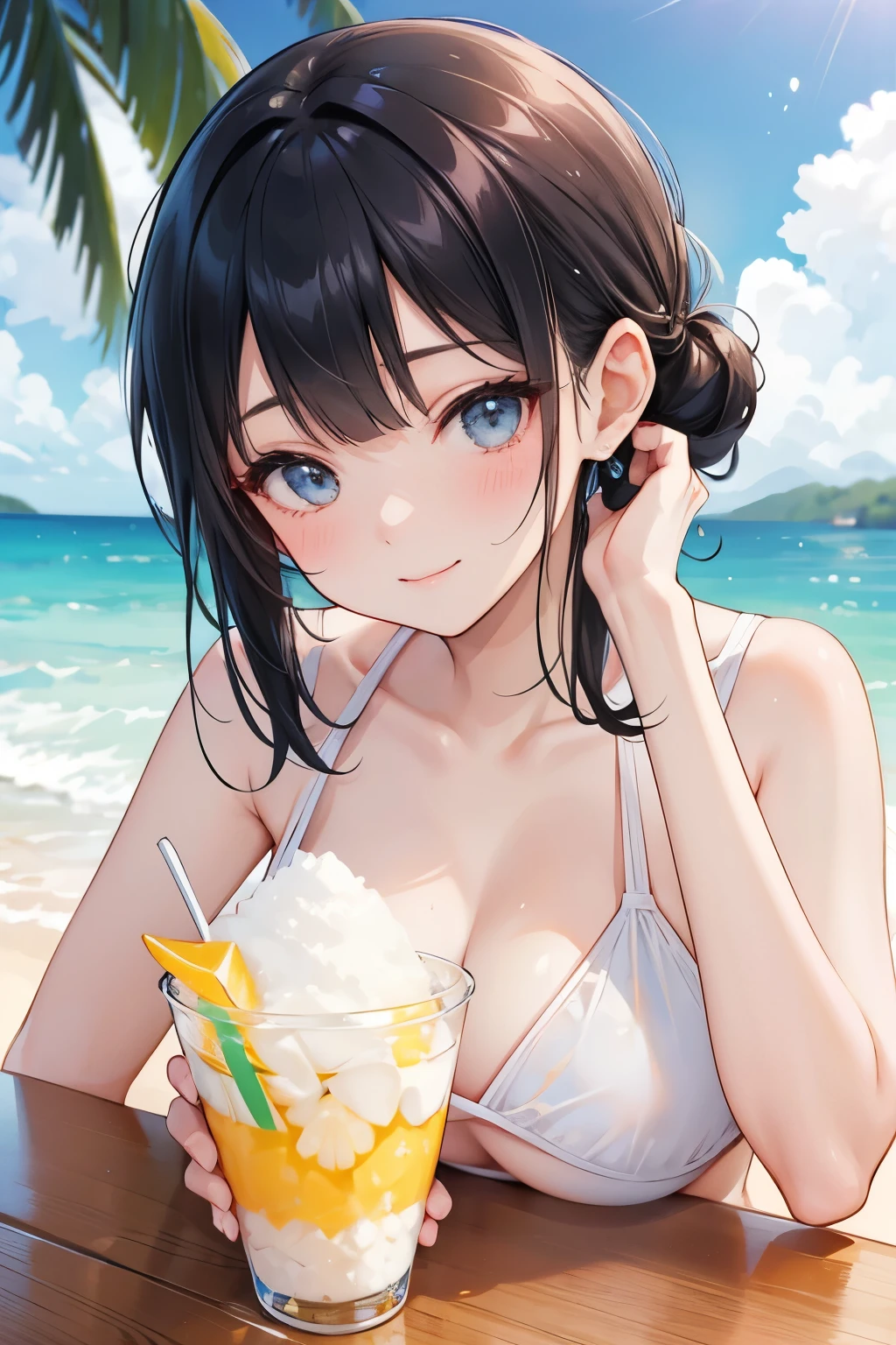 woman、Hair tied up、Straight Bangs、High resolution、Eat shaved ice、Daytime、smile、Swimsuit not see-through