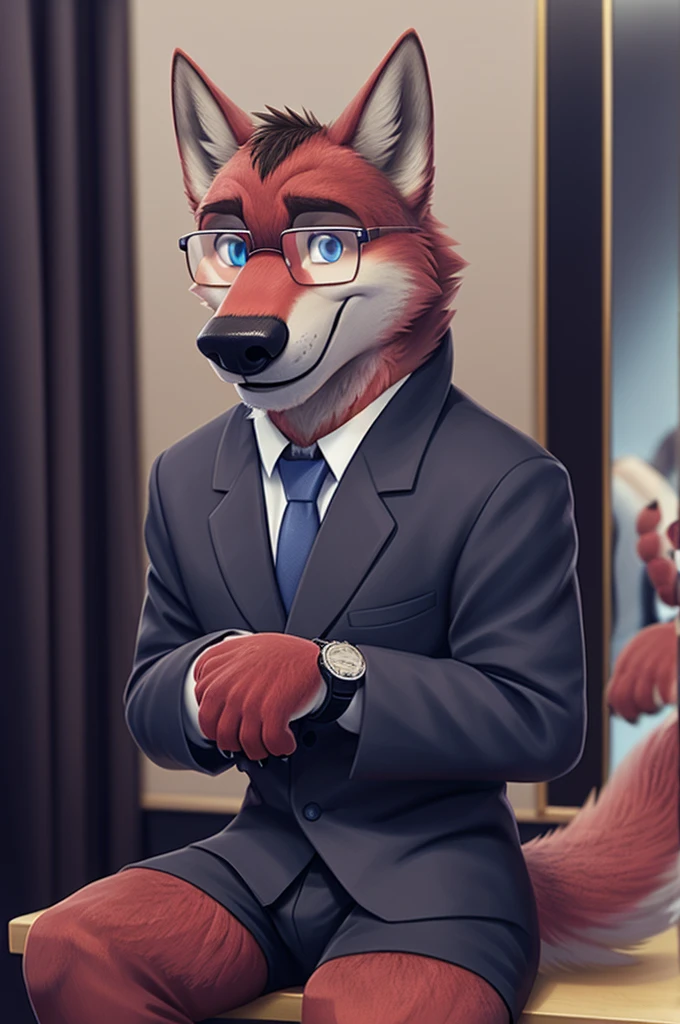 Ivan Fedorovich Wolfbach (Novosibirsk) ,tall handsome, wolf,young, 24 years, brown fur,Kind,(red body:1.3),beautiful blue eyes,Novosibirsk,dressed, black, Judge's Mantle, glasses shirt, tie, trousers king Russian, wolf, detailed fur, male,paw pads, finger claws,At the viewer, 5 fingers, paws, 5 fingers, smile, wrist watch, т nextel,by xenoforge, (difficult, high detail, digital photography, soft focus, RAW variety вкдущий передачи,Very close to the camera, variety,Novosibirsk, smile, good mood, positive, Very close to the camera, is sitting, presenter of the fashion show,
Photorealism, realistic, digital style, Subsurface scattering,I look at the viewer,worth getting a haircut, looks at the mirror, men's cosmetics,
masterpiece, Best quality, ultra realistic, 8 thousand.)