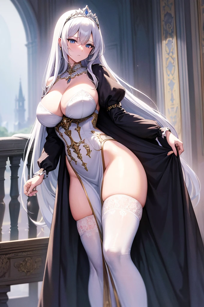 milf, 30 years old, (highres, masterpiece:1.2), white hair, robe, (large breasts), thick thighs, standing, pelvic curtain, tiara, thighhighs, v-neck, strapless dress, blue eyes, expressionless, long hair, (layered dress, elaborate clothing, detailed clothing, detailed dress), castle in background