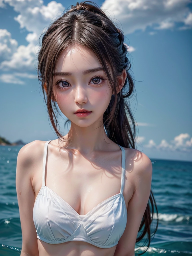 One Girl，(1人のとてもcute女の子:1.3)，masterpiece，Highest quality，High resolution，Photorealistic，RAW Photos，Ray Tracing，beautiful girl，(15 years old:1.3)，cute，Big eyes，(detailed pupils:1.2)，(The face is facing straight ahead:1.3)，Body facing forward，Beautiful nose，Fuller lips，Short black hair，ponytail，short hair，Detailed eyelashes，Thin eyebrows，Very fine grain definition，(Symmetrical eyes:1.3)，(Face close-up，Face Focus:1.0)，Small breasts，Short neck，White swimsuit，White Bikini，The background is the sea，Southern Island，Blue sky，White cloud，Portrait，View Viewer，Upper Body，Cinema Lighting，High resolution，Very detailed