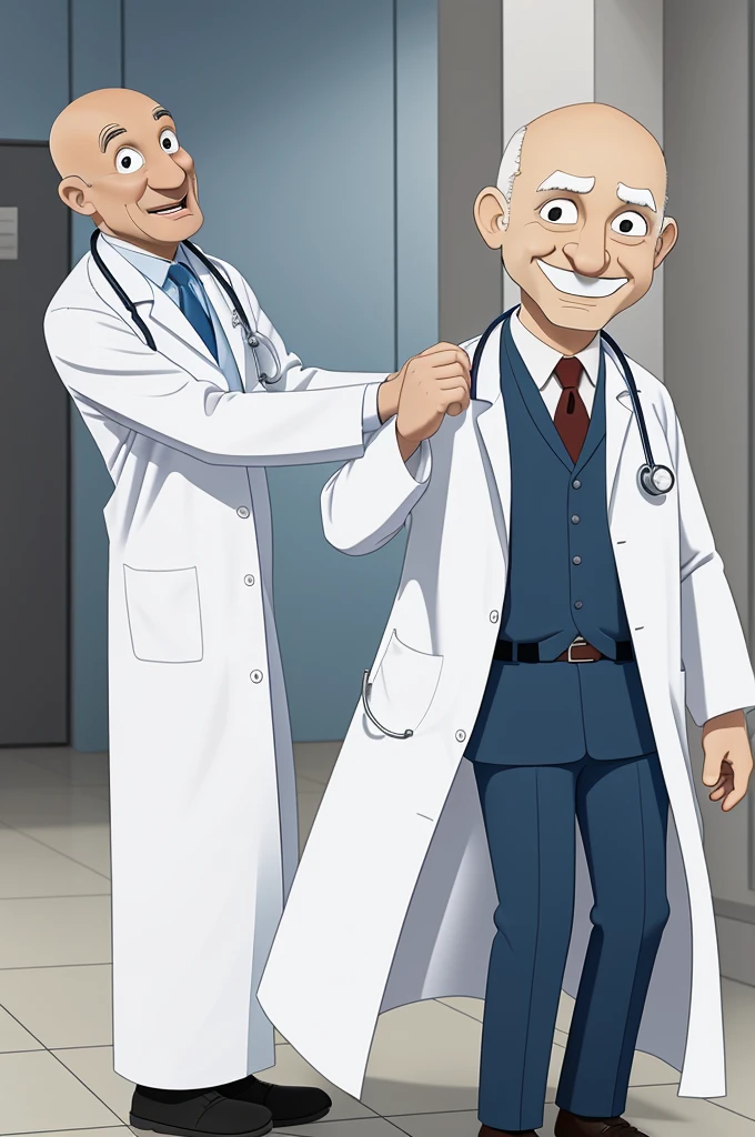 Animated doctor in cartoon, short man with a white coat and a slightly bald man with white skin and gray hair lifting some of the ground