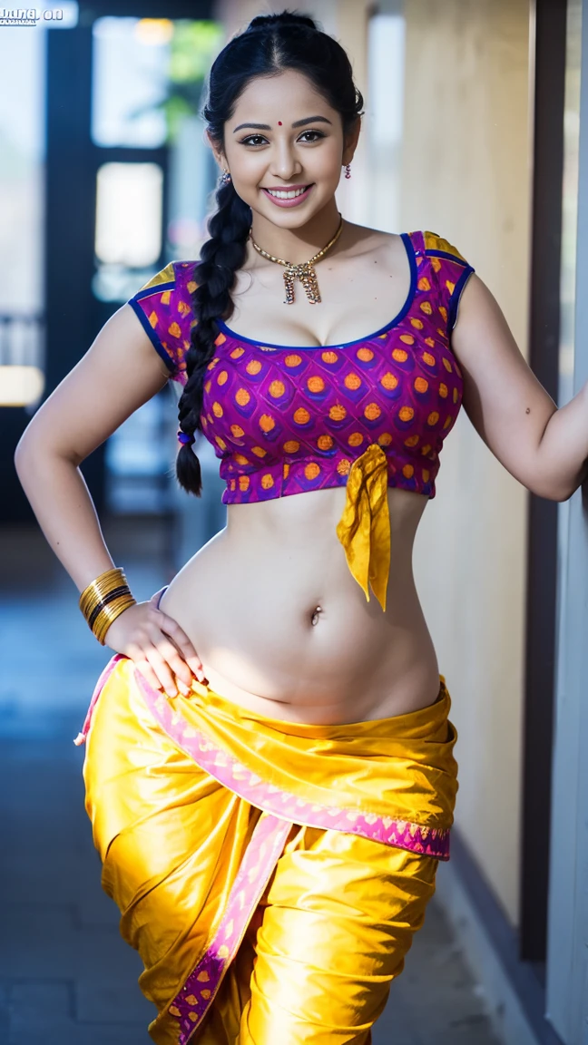 HD wallpaper 32k cinematic shoot of a Beautiful cute girl, with thick thighs and a curvy waist, twin braids,  wearing an Indian blouse top, horny, seductively, in a school corridor, dotted blouse top, smiling, ((long curvy waist)), ((lowwaist)), ((curvy waist))