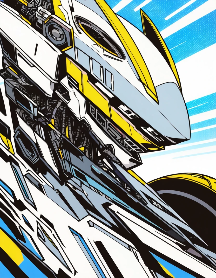 ultra-detailed:1.3, ultra delicate and detailed face:1.3, (absurdres, texture, masterpiece), pixiv contest winner, pop art, by Sesshu, Dynamic manga-style illustration of fascinating gloss slender robot with a big speaker head, The robot design is very intricate., The robot is riding on a white shark., no background,