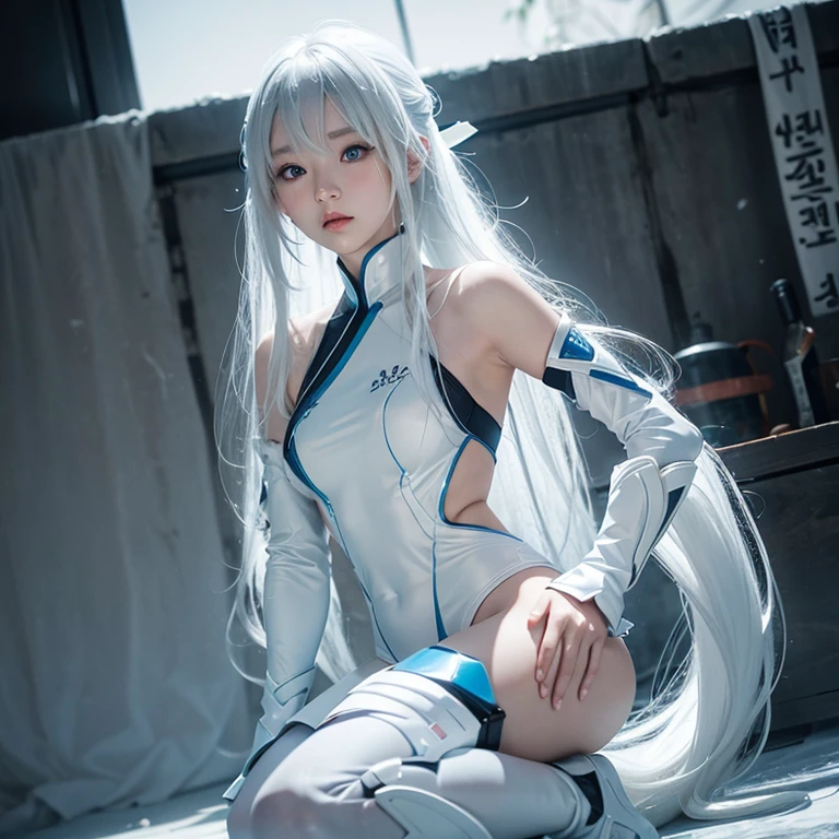 Korean girl, white long hair with bangs, icy blue eyes, white skin, white skimpy ninja suit, video game style, mortal kombat style