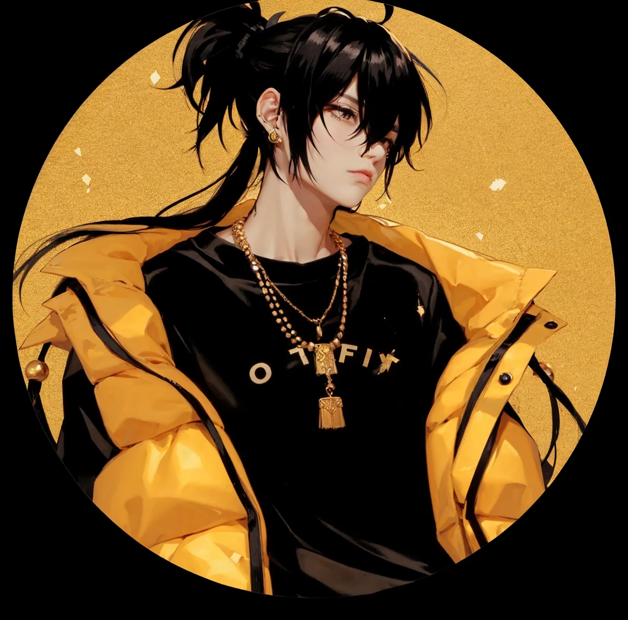 Long hair a half ponytail in the hair male style a yellow jacket with a yellow necklace with blood on the face with a black shirt