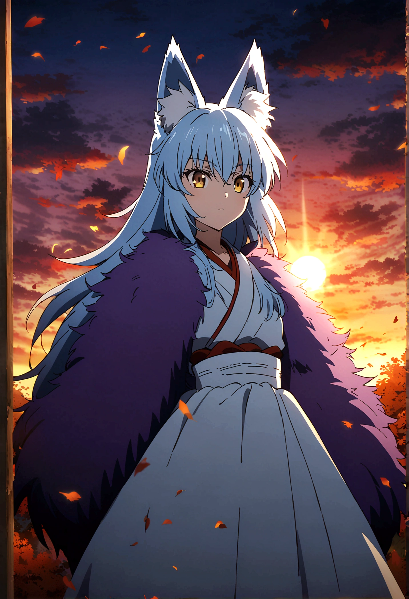 fox Light blue hair beast girl indigo fur fox beast girl fox Light blue hair beast girl indigo fur fox beast girl Sesshomaru, Yellow eyes, Anime, Perfect face, Perfect Lighting, Outdoors, Warm colors, Dark purple sky, Autumn sunset, \(inuyasha\), Bearing Claw, Ready to fightPerfect Lighting, Outdoors, Warm colors, Dark purple sky, Autumn sunset, fox Light blue hair beast girl indigo fur fox beast girl