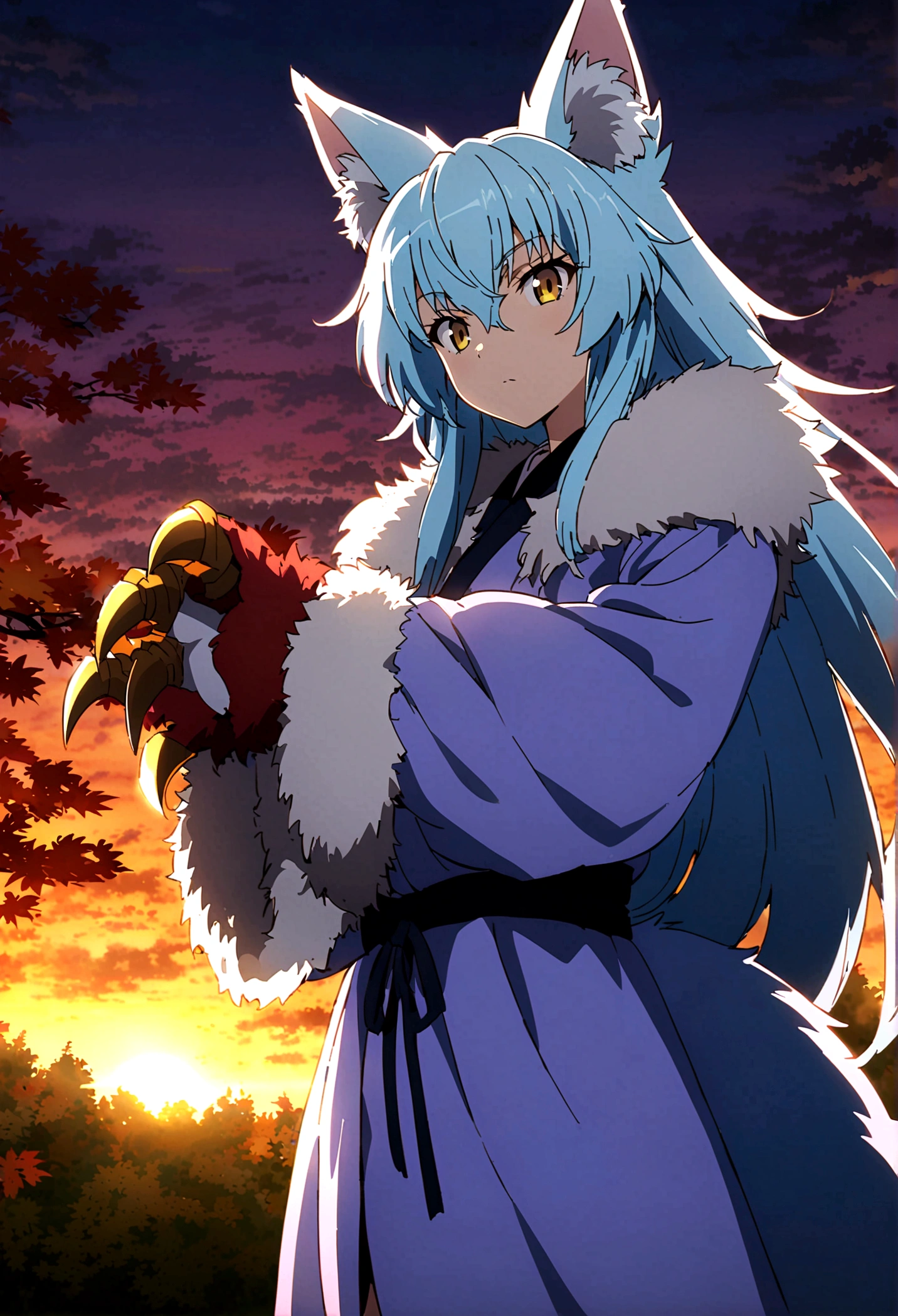 fox Light blue hair beast girl indigo fur fox beast girl fox Light blue hair beast girl indigo fur fox beast girl Sesshomaru, Yellow eyes, Anime, Perfect face, Perfect Lighting, Outdoors, Warm colors, Dark purple sky, Autumn sunset, \(inuyasha\), Bearing Claw, Ready to fightPerfect Lighting, Outdoors, Warm colors, Dark purple sky, Autumn sunset, fox Light blue hair beast girl indigo fur fox beast girl