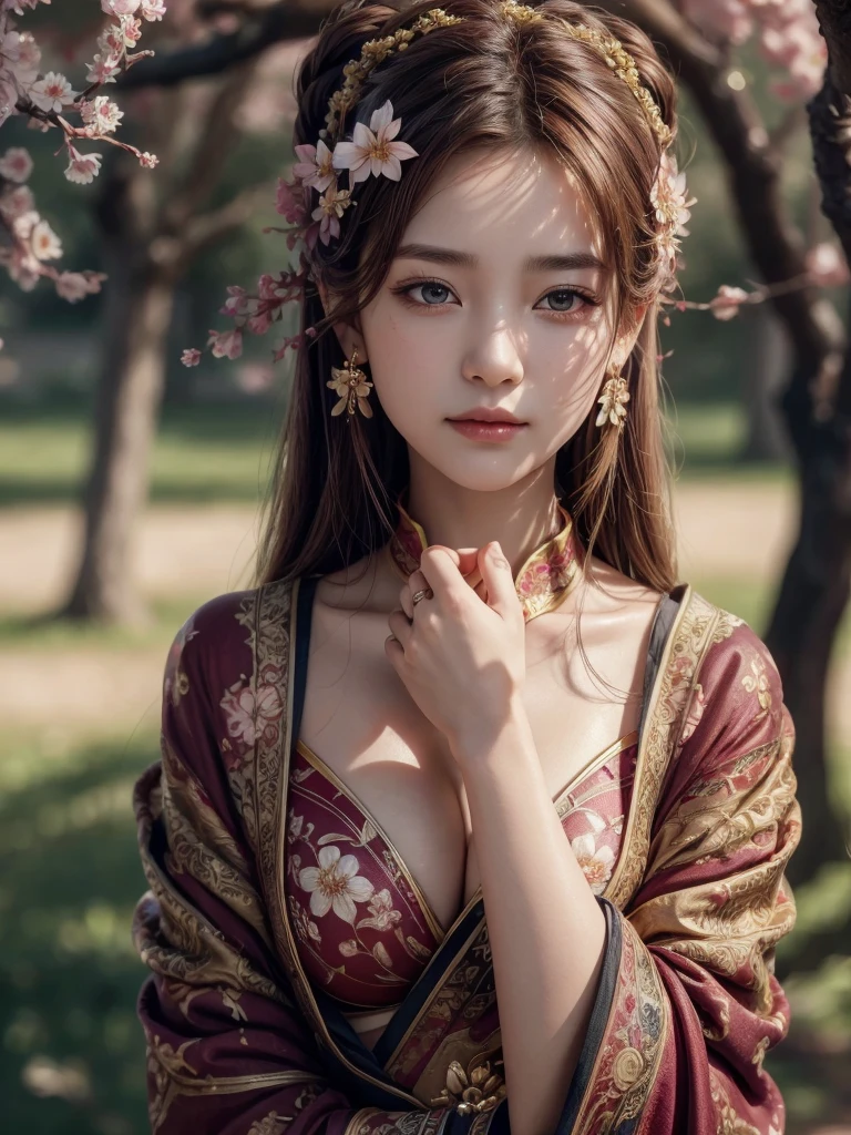 masterpiece, extremely detailed CG unity 8k wallpaper, 1girl, beautiful, realistic, blurry background, blurry foreground, branch, brown hair, plum blossom, depth of field, earrings, flower, jewelry, nose, realistic, solo, Chinese clothes, fingers hidden, arms hidden, only wearing a bra, (((split chin)))