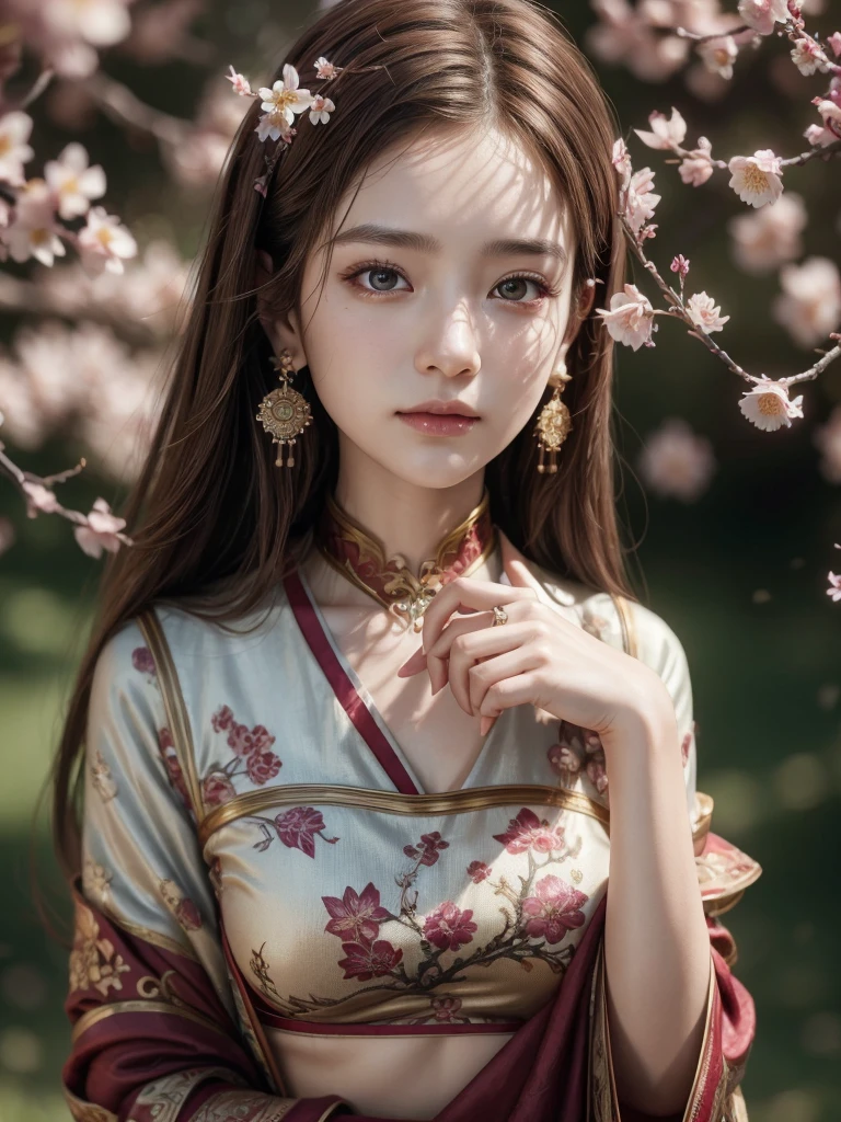 masterpiece, extremely detailed CG unity 8k wallpaper, 1girl, beautiful, realistic, blurry background, blurry foreground, branch, brown hair, plum blossom, depth of field, earrings, flower, jewelry, nose, realistic, solo, Chinese clothes, fingers hidden, arms hidden, only wearing a bra, (((split chin)))