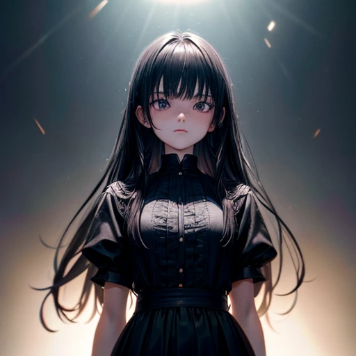 A 13-year-old girl with pale skin and long hair。, Straight black hair. big, black eyes , With an intense and mysterious look. Wearing costumes from the Orphan movie, With a more elegant and sophisticated touch, Something that matches her mysterious and strong personality. whole, Her appearance will be impressive, Attracts curious and inquisitive gazes. Small breasts, Cinema Lighting, chromatic aberration, Backlight, masterpiece, Attention to detail, high quality, 4K.