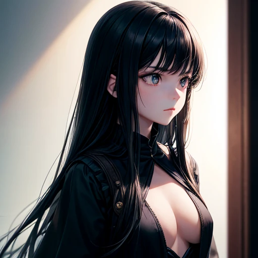 A with pale skin and long hair。, Straight black hair. big, black eyes , With an intense and mysterious look. Wearing costumes from the Orphan movie, With a more elegant and sophisticated touch, Something that matches her mysterious and strong personality. whole, Her appearance will be impressive, Attracts curious and inquisitive gazes. Small breasts, Cinema Lighting, chromatic aberration, Backlight, masterpiece, Attention to detail, high quality, 4K.