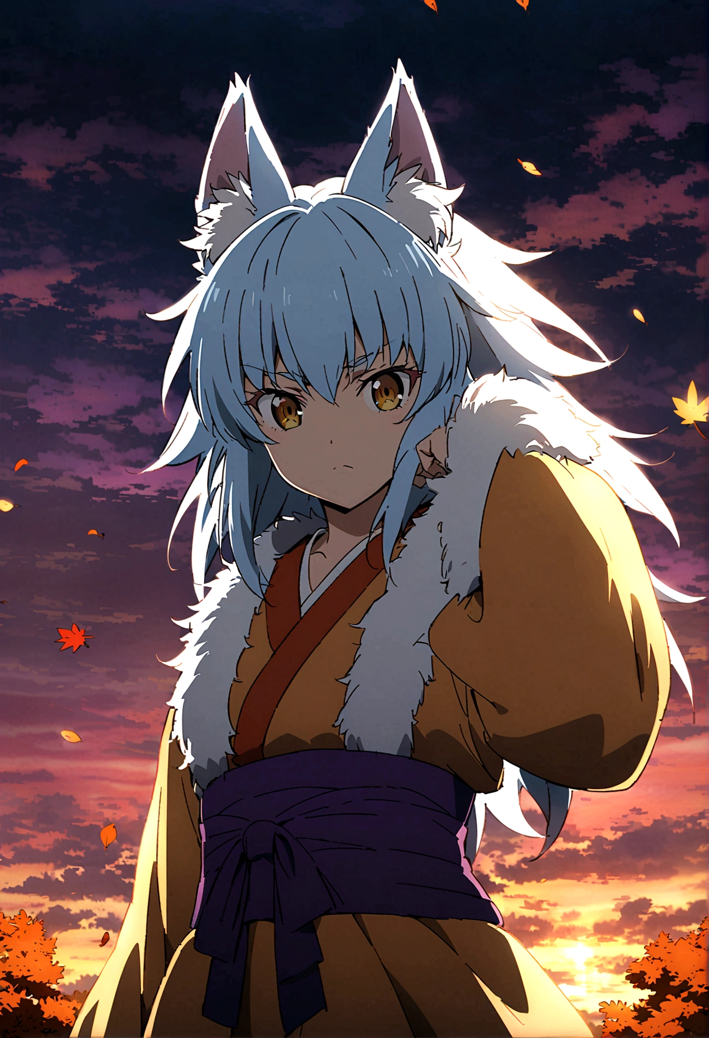 fox Light blue hair 　beast girl　indigo fur　fox beast girl　fox Light blue hair 　beast girl　indigo fur　fox beast girl　Sesshomaru, Yellow eyes, Anime, Perfect face, Perfect Lighting, Outdoors, Warm colors, Dark purple sky, Autumn sunset, \(inuyasha\), Bearing Claw, Ready to fightPerfect Lighting, Outdoors, Warm colors, Dark purple sky, Autumn sunset, fox Light blue hair 　beast girl　indigo fur　fox beast girl
