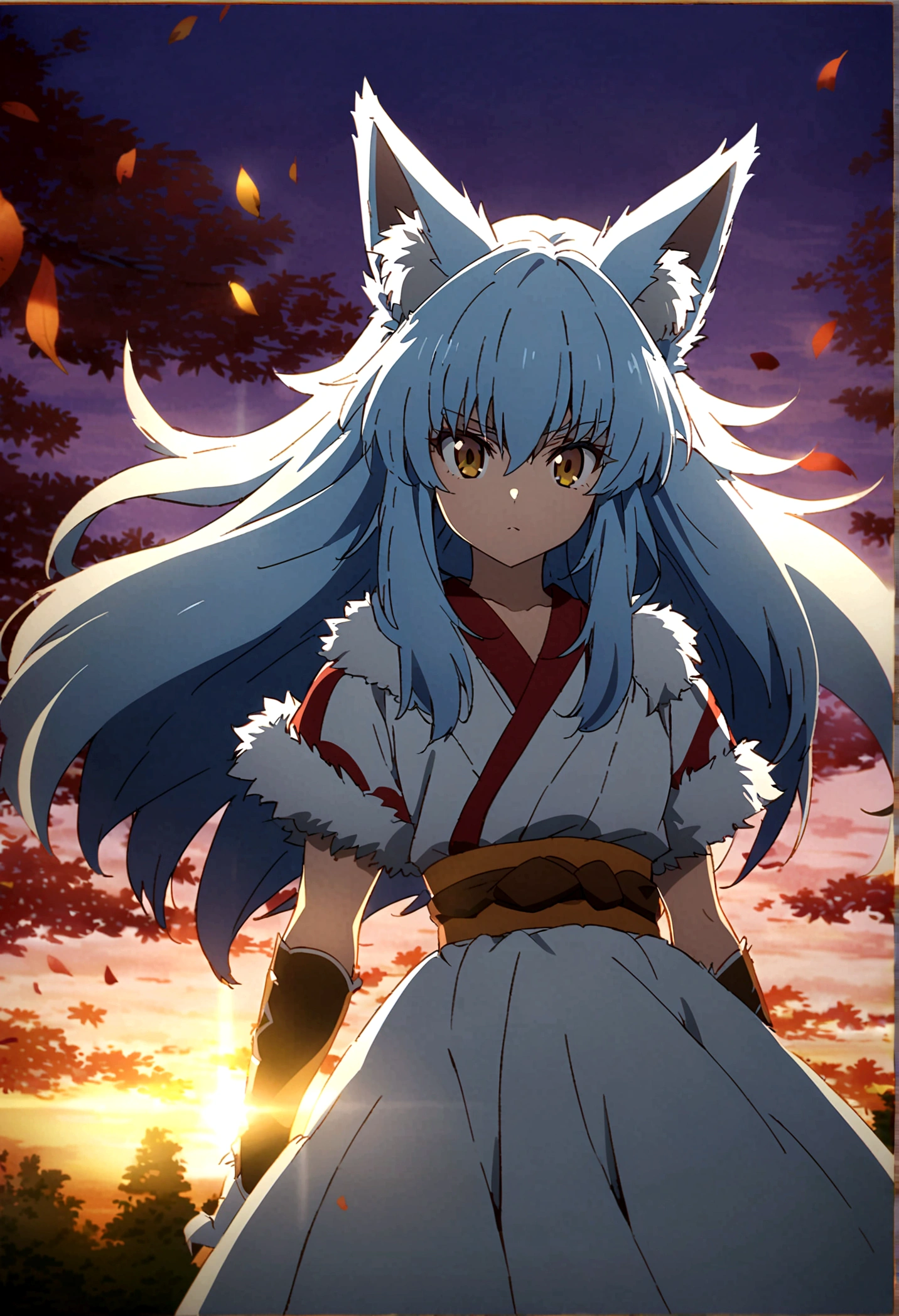 fox Light blue hair 　beast girl　indigo fur　fox beast girl　fox Light blue hair 　beast girl　indigo fur　fox beast girl　Sesshomaru, Yellow eyes, Anime, Perfect face, Perfect Lighting, Outdoors, Warm colors, Dark purple sky, Autumn sunset, \(inuyasha\), Bearing Claw, Ready to fightPerfect Lighting, Outdoors, Warm colors, Dark purple sky, Autumn sunset, fox Light blue hair 　beast girl　indigo fur　fox beast girl