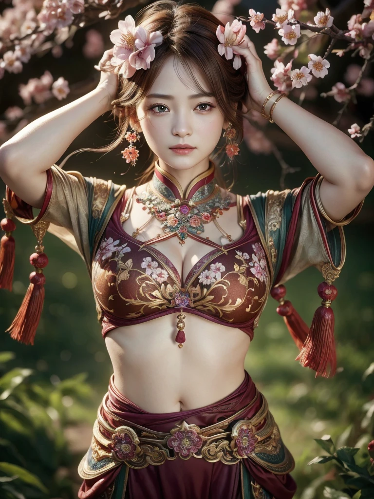 masterpiece, extremely detailed CG unity 8k wallpaper, 1girl, beautiful, realistic, blurry background, blurry foreground, branch, brown hair, plum blossom, depth of field, earrings, flower, jewelry, nose, realistic, solo, Chinese clothes, fingers hidden, arms hidden, only wearing a bra, (((split chin))), (((cameltoe)))