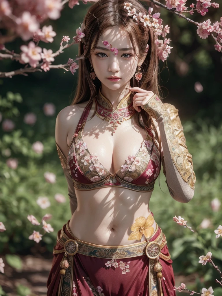 masterpiece, extremely detailed CG unity 8k wallpaper, 1girl, beautiful, realistic, blurry background, blurry foreground, branch, brown hair, plum blossom, depth of field, earrings, flower, jewelry, nose, realistic, solo, Chinese clothes, fingers hidden, arms hidden, only wearing a bra, (((split chin))), (((cameltoe)))