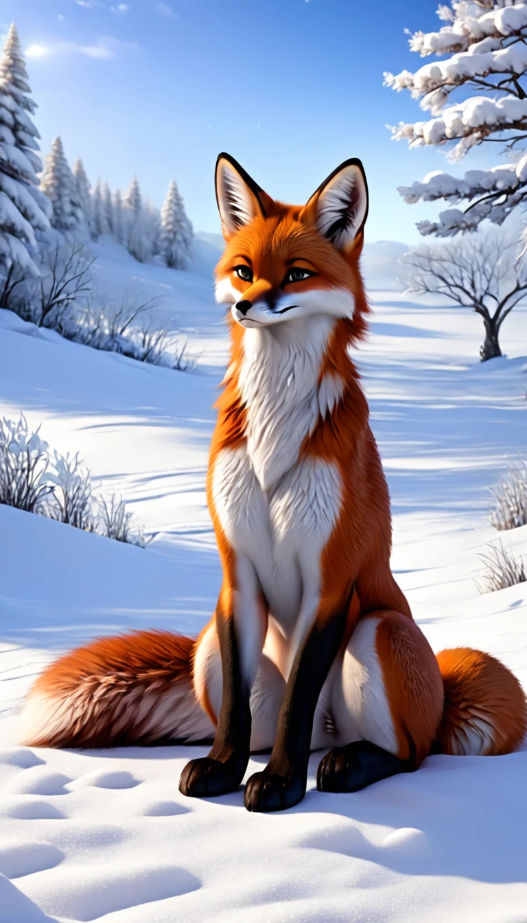 Wild red fox, sitting against the backdrop of snowy fields. looks at the viewer. High quality 4k. realistic. fluffy.