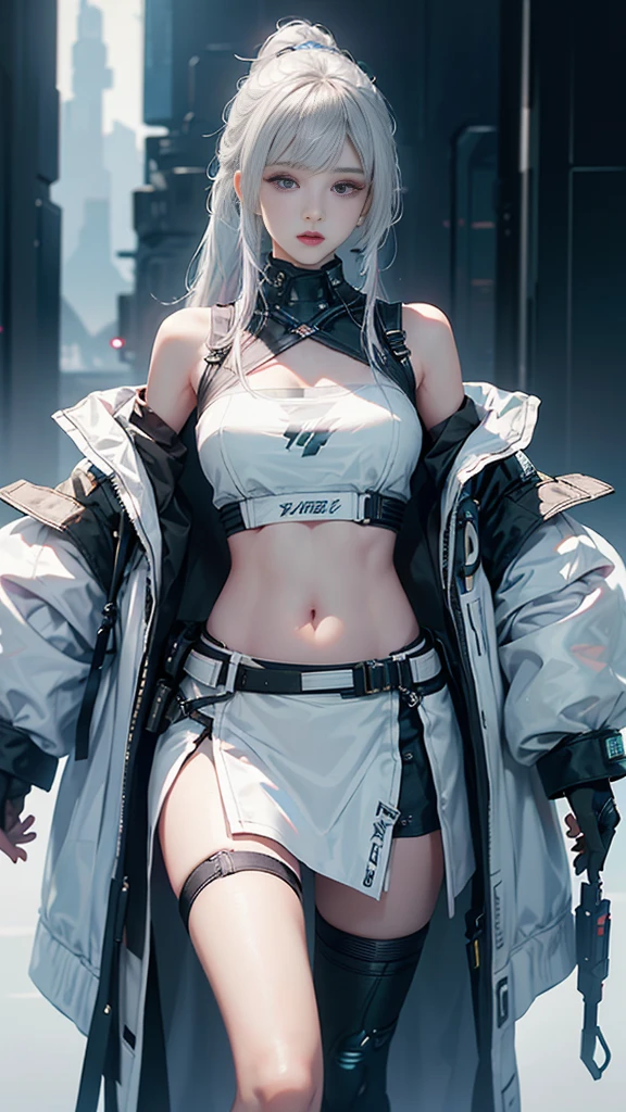 masterpiece,best quality,high resolution,8K,Focus on the thighs and above,original photo,Digital Photography,(Sci-fi style women),20 year old girl,Long ponytail hairstyle,By Bangs,(Purple Eyes),(White hair),Full breasts,Felling,Elegance and nobility,Serious and indifferent,Open white coat,Black Camisole,Rich details,shut your mouth,Show your belly button,Exquisite decoration,Cyberpunk future style,(Female Scholar),Photo poses,White background,oc render reflection texture