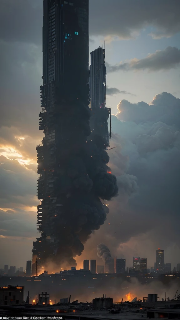 a photo of a city view that is usually bustling with activity, but now looks desolate and in ruins. Tall buildings were seen cracked and collapsed in several parts, with piles of rubble and rubble in the streets. In the sky, scattered clouds of black smoke covered the sun, creating a gloomy and depressing atmosphere."