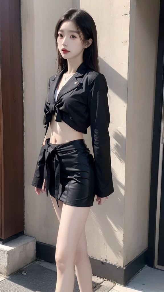 Japanese woman has six pack abs wearing black jacket, crop top, short skirt, wearing sandals, black polish hair, photo in the city, showing off her stomach, wearing a tie around her neck