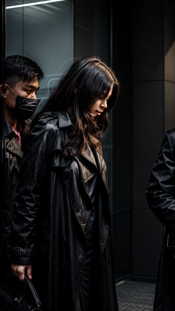A suspicious person wearing a black trench coat、Bank teller、Bright lighting、Confused banker
