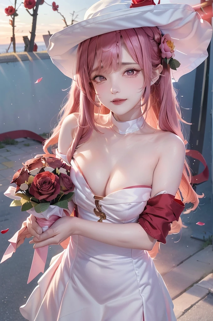 (8k, RAW photo, best quality, masterpiece:1.2),((masterpiece, best quality)), 1girl, flower, solo, dress, holding, sky, cloud, hat, outdoors, bangs, bouquet, rose, expressionless, blush, pink hair, flower field, red flower, pink eyes, white dress, looking at viewer, midium hair, holding flower, small breasts, red rose, holding bouquet, sun hat, white headwear, depth of field