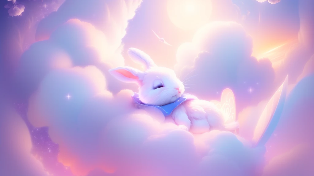 There is a rabbit on the clouds in the sky, Adorable digital painting, Cute and detailed digital art, Cute digital art, Dreamy illustration, Lying in the fairyland of white clouds, Beeple and Jeremiah Kettner, Dreamy Art, A dreamlike night, quiet night. Digital Illustration, Dreamy softness, Dreamy digital painting, Beautiful artwork illustration, Sweet dreams