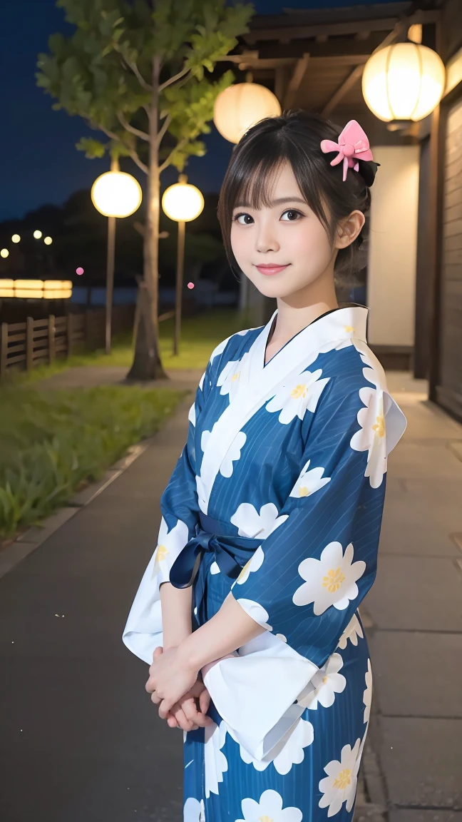 Full Body、Beautiful yukata girl、 The background is a rural night Bon Odori dance、Hello Kitty patterned yukata
