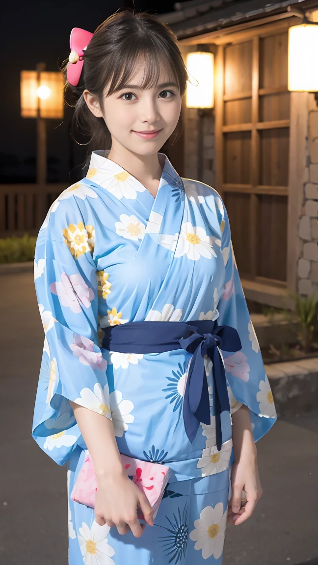 Full Body、Beautiful yukata girl、 The background is a rural night Bon Odori dance、Hello Kitty patterned yukata
